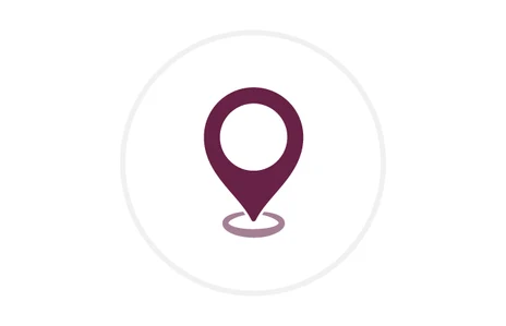 Icon: stilisierte Positionsmarke (Standort-Pin) in dunklem Rot mit Kreisöffnung, darunter eine angedeutete Bodenmarkierung, Symbol für Anschrift und Adresse