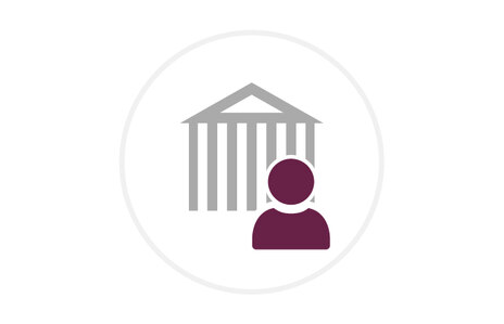 Icon: stilisierte Person in dunklem Rot vor einem grauen Gebäude einer Behörde, Symbol für Nachgeordnete Behörden